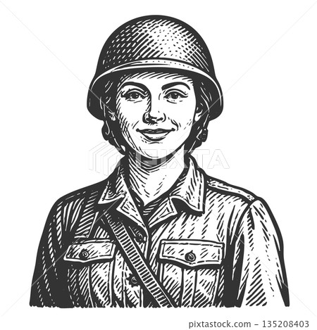 Female Soldier in Military Helmet engraving sketch raster illustration Female Soldier in Military Helmet engraving sketch raster illustration 135208403