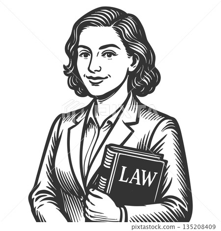 female lawyer holding law book engraving raster 135208409