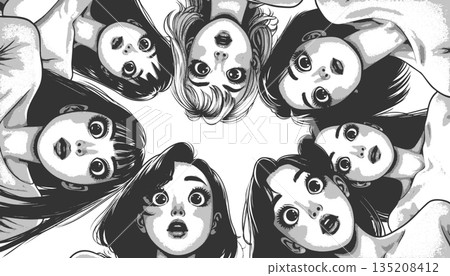 curious group faces engraving raster illustration curious group faces engraving raster illustration 135208412