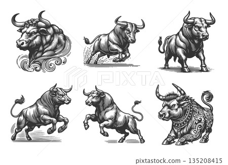 Bull in Dynamic Pose engraving raster collection 135208415