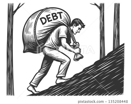 Man climbing hill debt burden engraving raster Man climbing hill debt burden engraving raster 135208448