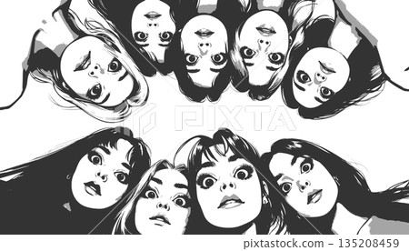curious group faces engraving vector illustration curious group faces engraving vector illustration 135208459