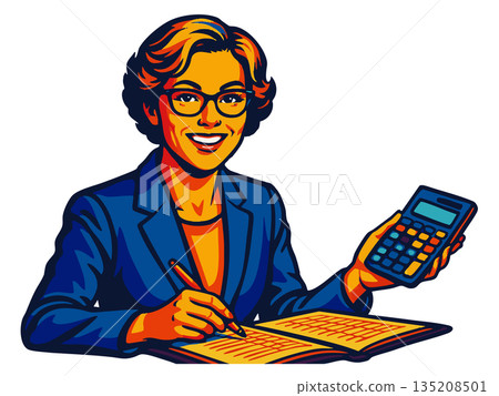 Smiling female accountant using calculator at desk Smiling female accountant using calculator at desk 135208501