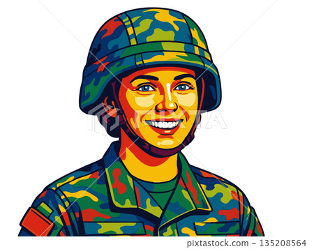 Smiling female soldier raster illustration 135208564