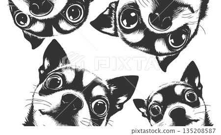 curious chihuahuas looking down engraving raster 135208587