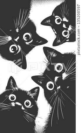 Cute Black Cats Looking Down raster illustration 135208597