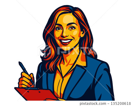 female marketer with clipboard in pop art vector female marketer with clipboard in pop art vector 135208618