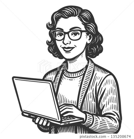 Female Coder Laptop engraving vector illustration 135208674