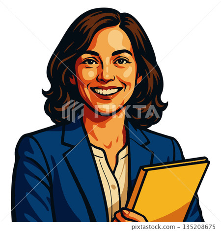 Smiling female product manager pop art vector Smiling female product manager pop art vector 135208675