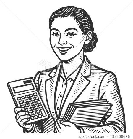 smiling female accountant engraving sketch vector smiling female accountant engraving sketch vector 135208676