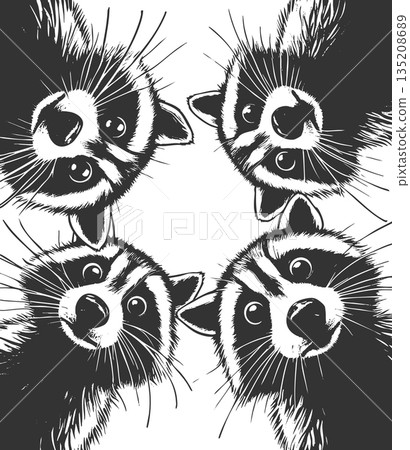 Three curious raccoons looking down vector 135208689
