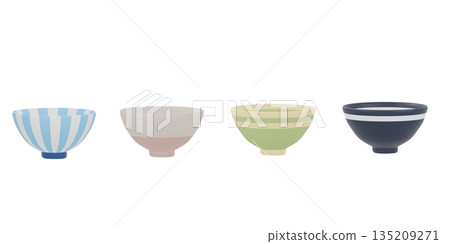 3D illustration of colorful rice bowls 135209271
