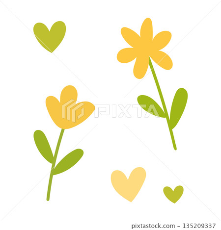 Decorative flowers and hearts set expressing love, kindness, and happiness, ideal for greeting cards, spring designs, romantic blogs, and cheerful visuals 135209337