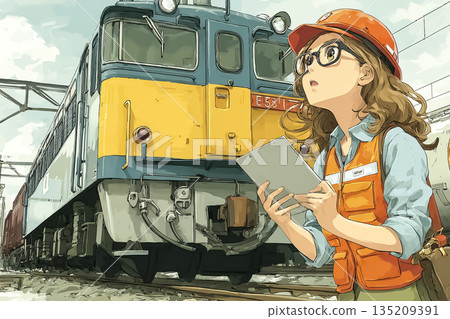 圖解:一名年輕女工作人員正在檢查貨運列車 圖解:一名年輕女工作人員正在檢查貨運列車 135209391