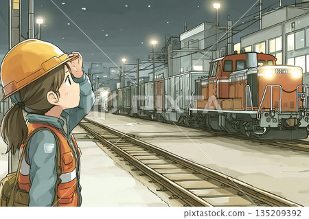 Illustration of a female railway staff member checking trains at a freight yard at night 135209392