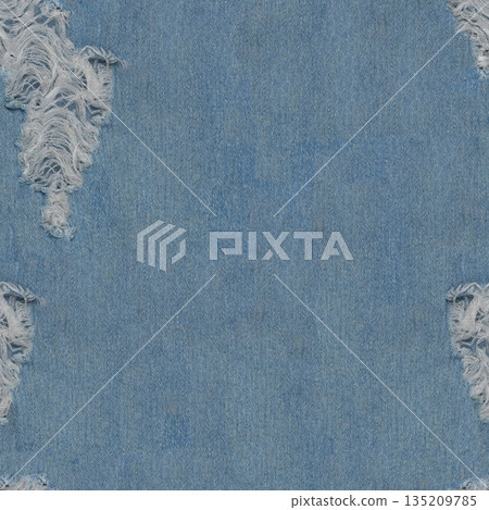 Seamless  Ripped blue hipster jeans material. Destroyed denim Cloth texture. Close up. 135209785