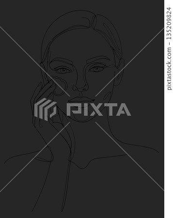 Minimalist Line Art Woman Cleaning Face on Grey Background Minimalist Line Art Woman Cleaning Face on Grey Background 135209824