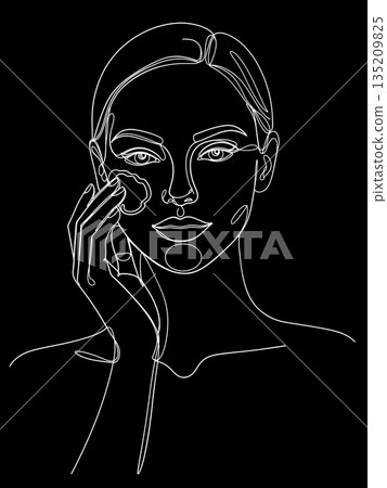 White One Line Drawing of Woman Cleaning Face on Black Background 135209825