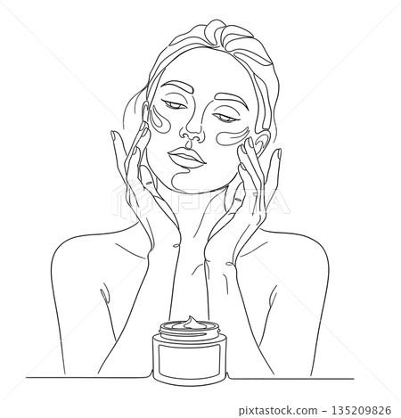 Continuous Line Drawing of Woman at Vanity Applying Face Cream Continuous Line Drawing of Woman at Vanity Applying Face Cream 135209826