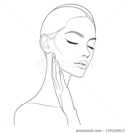 Elegant Fine Line Illustration of Woman with Eyes Closed and Hand on Neck Elegant Fine Line Illustration of Woman with Eyes Closed and Hand on Neck 135209827