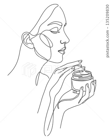 Continuous Line Drawing of Woman in Profile Holding Skincare Jar 135209830
