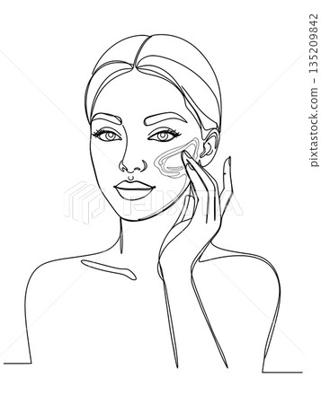 One Line Art Illustration of a Woman Applying Moisturizer to Face 135209842