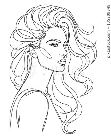 Minimalist One Line Drawing of a Beautiful Woman with Long Wavy Hair 135209849