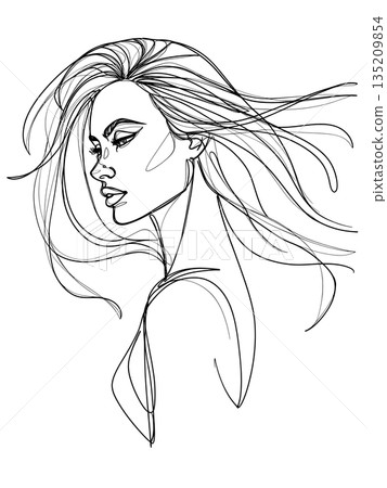 Continuous Line Art of an Elegant Woman with Long Flowing Hair 135209854