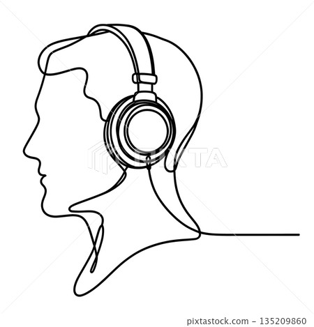 Minimalist Line Art of a Man Listening to Music with Headphones Minimalist Line Art of a Man Listening to Music with Headphones 135209860