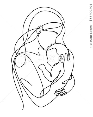 Continuous Line Drawing of Mother Holding Baby with Love 135209894