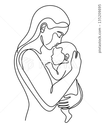One Line Art Illustration of Mother Kissing Her Child One Line Art Illustration of Mother Kissing Her Child 135209895