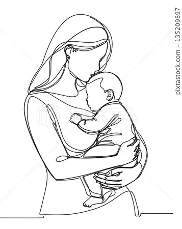 Single Line Drawing of Motherhood Bond and Maternal Care 135209897