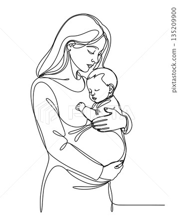 One Line Drawing of Pregnant Woman Cradling Her Baby 135209900