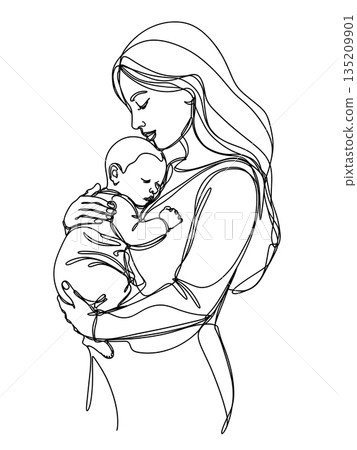 One Line Drawing of Mother Cradling a Sleeping Baby One Line Drawing of Mother Cradling a Sleeping Baby 135209901
