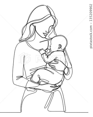 Continuous Line Illustration of Mother Holding Her Child 135209902