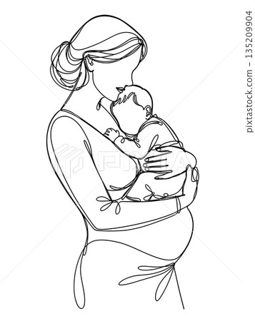 Minimalist Continuous Line Art of Pregnant Mother Holding Newborn 135209904