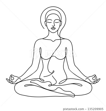 Continuous Line Art of Woman Meditating in Zen Lotus Pose Continuous Line Art of Woman Meditating in Zen Lotus Pose 135209905