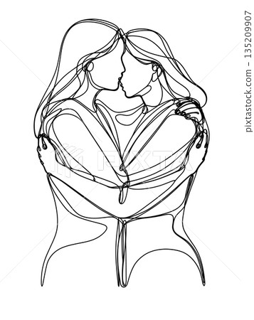 Continuous Line Art of Two Women Hugging and Kissing Continuous Line Art of Two Women Hugging and Kissing 135209907