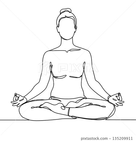 Minimalist Continuous Line Art of Woman in Yoga Meditation Pose Zen Wellness 135209911
