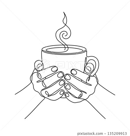 Continuous Line Drawing of Hands Holding a Hot Cup of Coffee or Tea with Steam 135209913