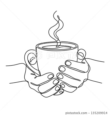 Single Line Illustration of Hands Cradling a Steaming Mug Cozy Lifestyle Concept Single Line Illustration of Hands Cradling a Steaming Mug Cozy Lifestyle Concept 135209914