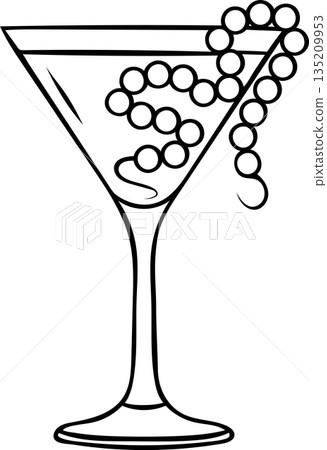 Simple black and white doodle of an elegant martini decorated with Mardi Gras beads. Sketch style icon for carnival cocktail party 135209953