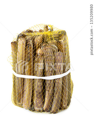 Fresh raw razor clams in mesh net isolated on white background 135209980