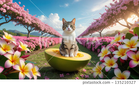 Pet valentine. Cute cat sits on melon in vibrant garden with pink flowers and clear blue sky 135210327