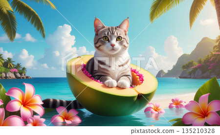 Pet valentine. Cute cat sits inside tropical fruit on beach, surrounded by vibrant flowers and palm trees 135210328