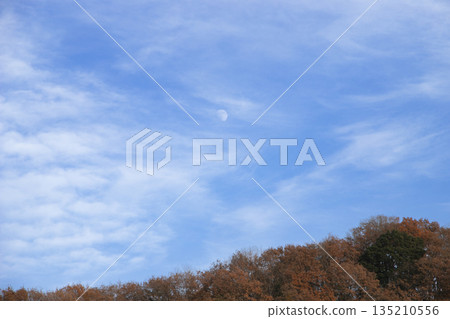 Winter mountains and the daytime moon in the blue sky Winter mountains and the daytime moon in the blue sky 135210556