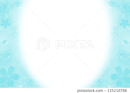 Cherry blossom frame painted in light blue watercolor 135210786