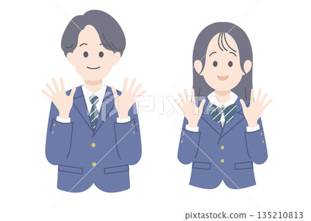 Male and female students waving 135210813