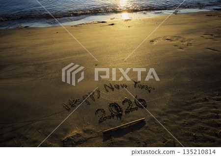 Graffiti written on the sand at Gotemba Beach on New Year's Day 2026 135210814