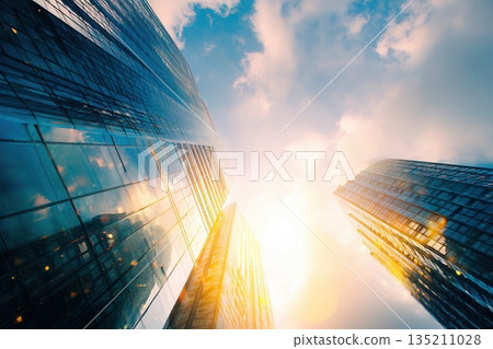 Modern Skyscrapers Reaching Towards a Bright Sky Modern Skyscrapers Reaching Towards a Bright Sky 135211028
